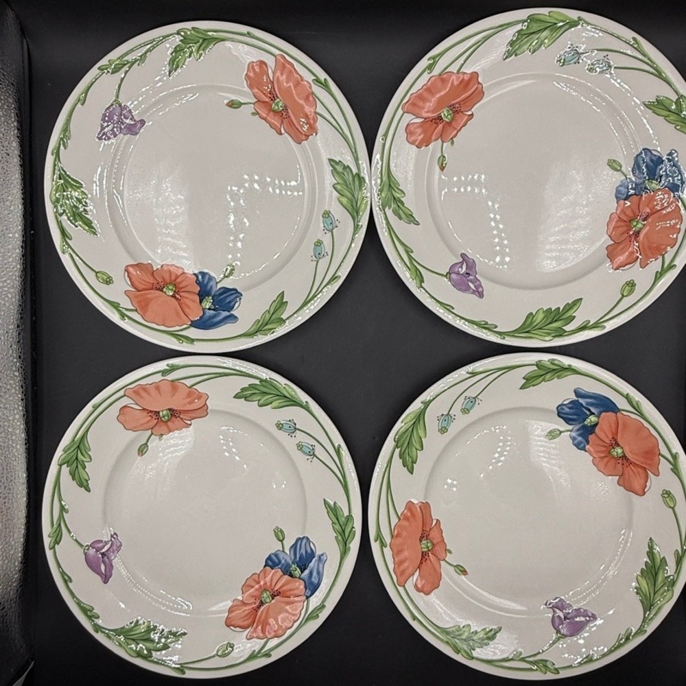 Villeroy & Boch AMAPOLA Poppies Dinner Plate 10.5" Set of 4 Brown Backstamp - Picture 3 of 6